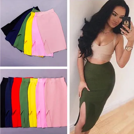 

7 видов цветов, высокое качество, для девушек, облегающая, с открытой вилкой, до колена, бандажная юбка, модная, сексапильная