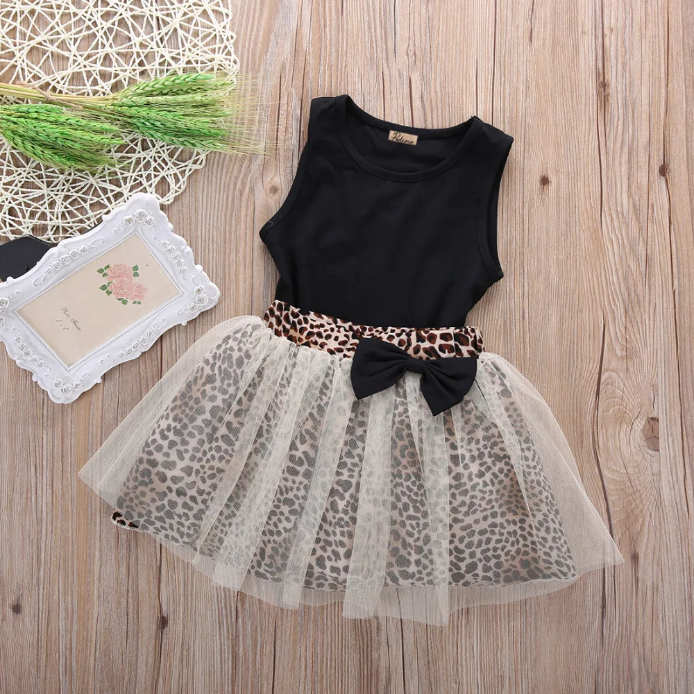 2017 Summer Kids Baby Girl clothes set Sleeveless Tops t-shirt + leopard bow-knot Tulle tutu dress 2Pcs Outfits sets | Детская одежда и