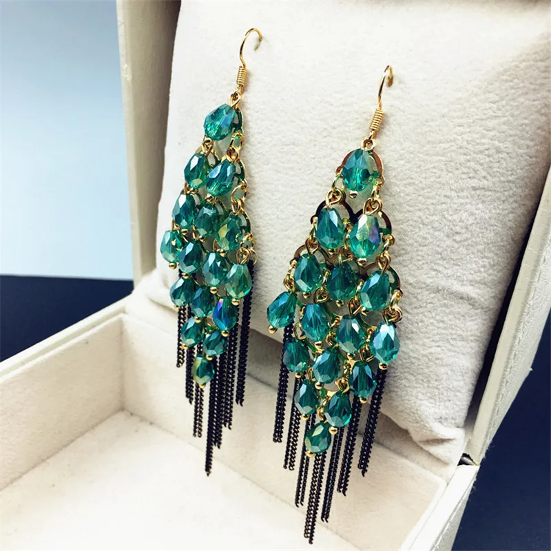 Винтажные богемные длинные серьги с кисточками и кристаллами для женщин