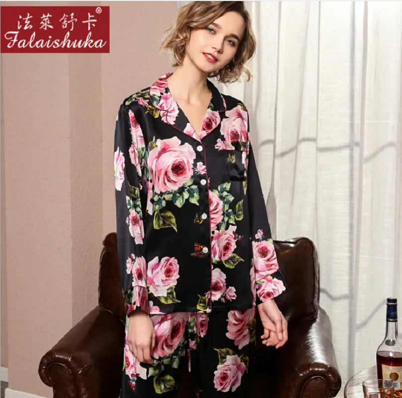 Silk Pajama Sets Pants Home Wear Plus Size Sexy Flower Print Two Piece Set Woman2019 Summer 100% Silk StainPajama Set Sleepwear