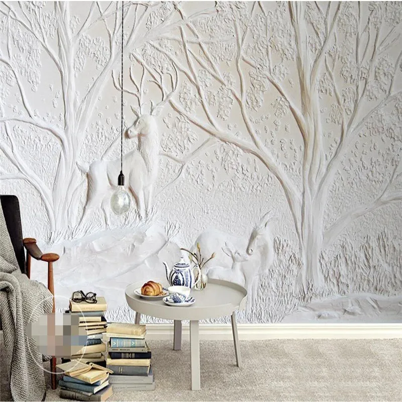 wallpaper-3D White relief wall deer tree Recreation elegant living room pictures mural murals-3d papers home decor | Обустройство