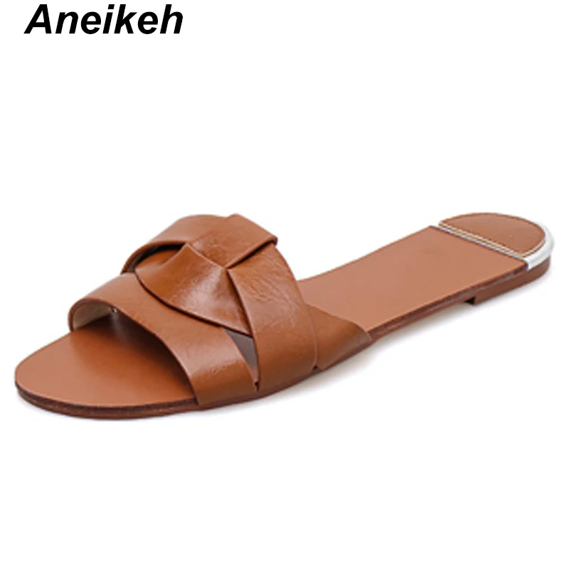 Brown Aneikeh/ г. Модные женские пляжные балетки на плоской подошве для отдыха пикантные женские туфли из PU искусственной кожи с круглым носком женские шлепанцы для улицы, Размеры 35-39 - Цвет: Brown