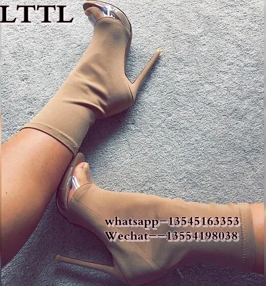 Осенние вязаные эластичные ботильоны с открытым носком Зеленые ботинки удобные