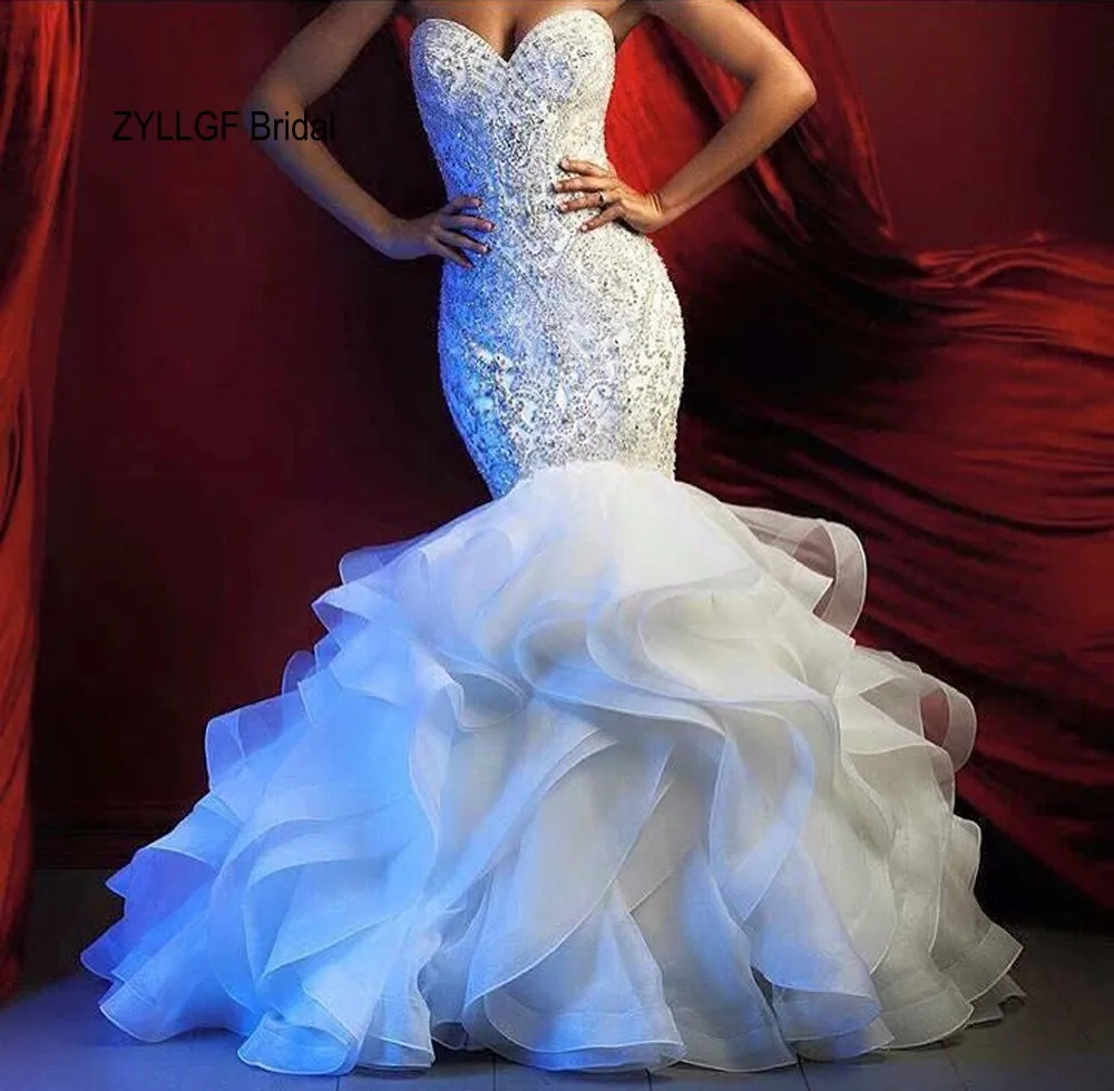 2017 Люкс Русалка Свадебные Платья Кристалл Бисера Милая Белый/Слоновая Кость