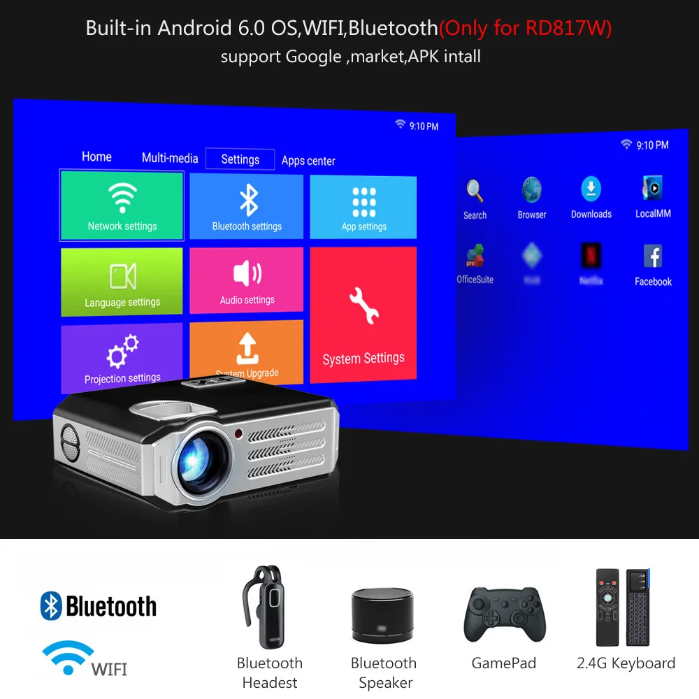 Rigal RD817 Android 6 0 проектор с wi fi 3500 люмен Full HD 1080P домашний кинотеатр мультимедийный ЖК