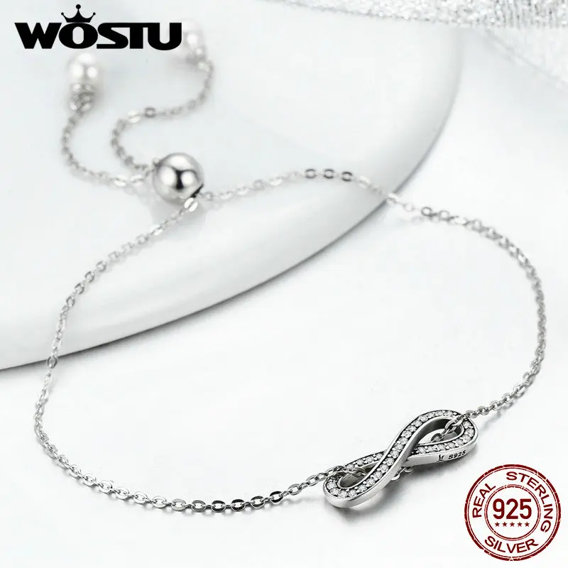 WOSTU, роскошное серебро, 925 пробы, бесконечность, любовь, цепочка, звено, женский браслет, Стерлинговое Серебро, ювелирное изделие, подарок на день Святого Валентина, CQB056