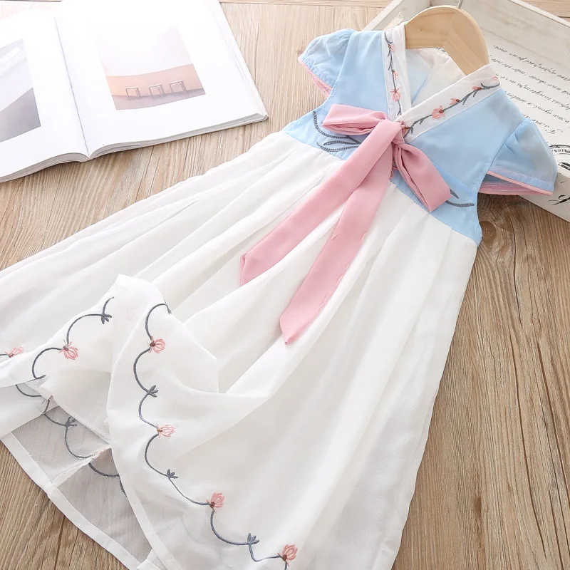 girls dress summer children's clothing white Chinese Style Students wear fashion Cloth silk Leisure Flower Princess | Детская одежда