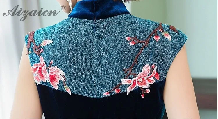 Новинка года; бархатные Длинные вечерние платья Ципао с вышивкой; Chinoise; темно-синие платья Русалочки Qi Pao; традиционная китайская одежда; платье