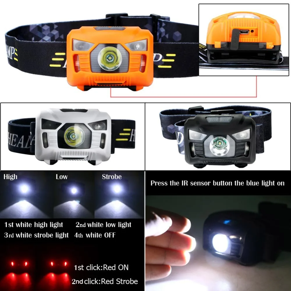 Фонарь налобный светодиодный с ИК датчиком 3000 лм зарядка через USB|mini led headlamp|led
