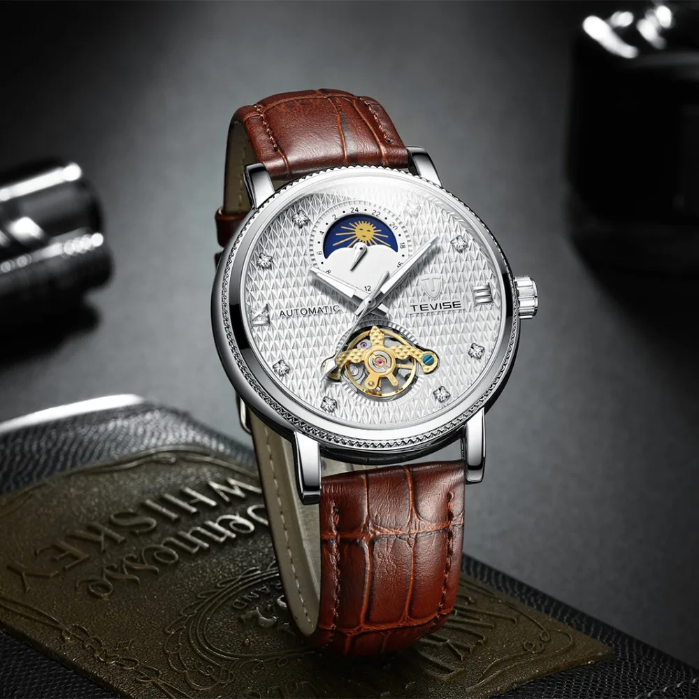 Мужские механические Автоматические часы TEVISE кожаные Наручные с автоматическим