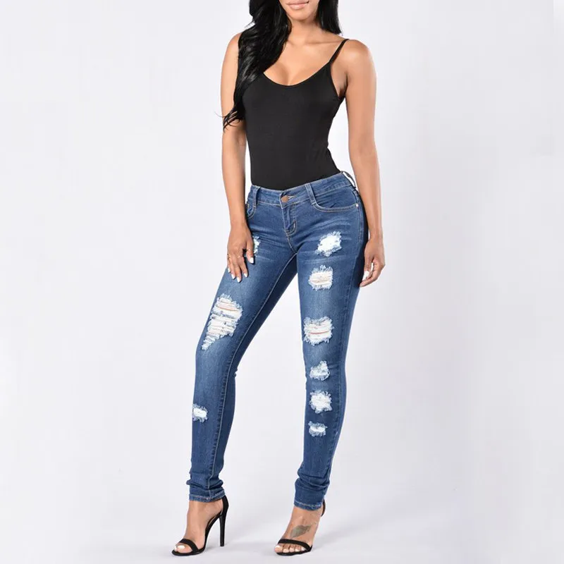 Горячие 2017 новые модные женские эластичные брюки стрейч рваные обтягивающие