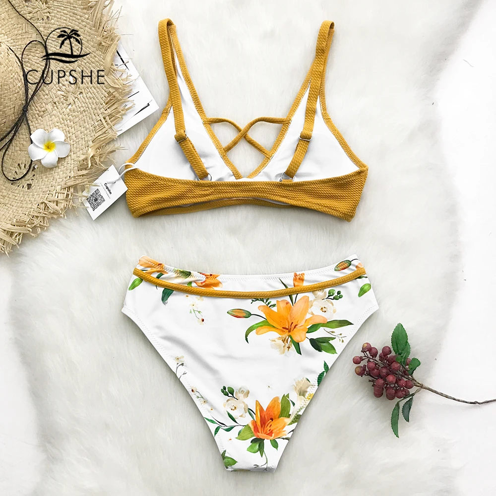 Женский купальник бикини CUPSHE Желтое Бикини с цветочным принтом и перекрестными