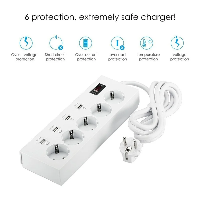 Электрическая розетка ЕС Plug мощность полосы 4 AC ЕС Plug Outlet 5 В в 2.4A 6USB зарядки мощность доска 1,8 м удлинитель