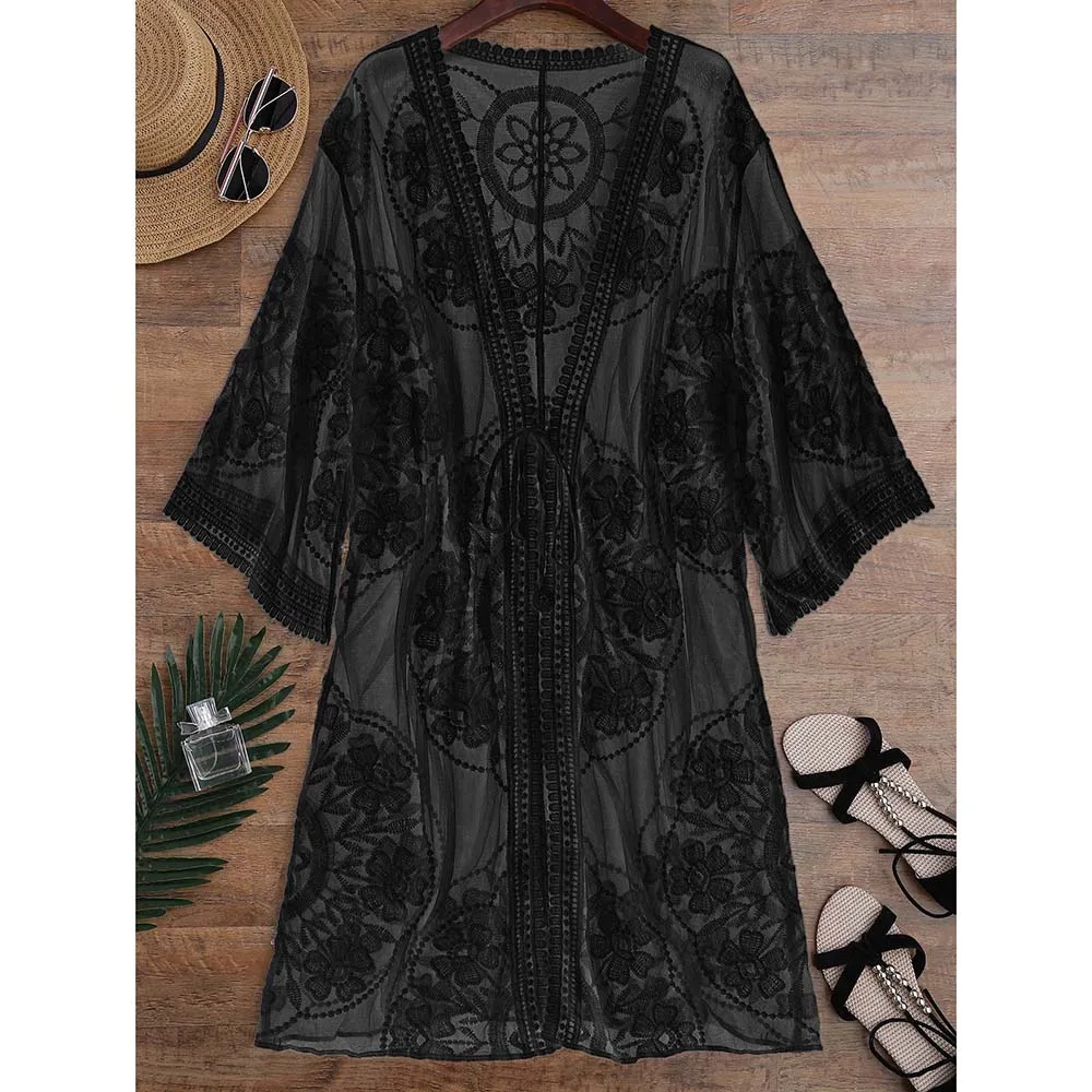 ZAFUL вышитый прозрачный купальник накидка прозрачное кружевное бикини Женская