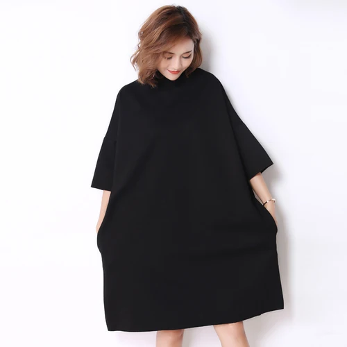 [XITAO] Korea New Autumn Casual Women Turtleneck Above Knee Dress Female Half Sleeve Solid Color Pullover Dress GWY2464 - Цвет: black  GWY2464