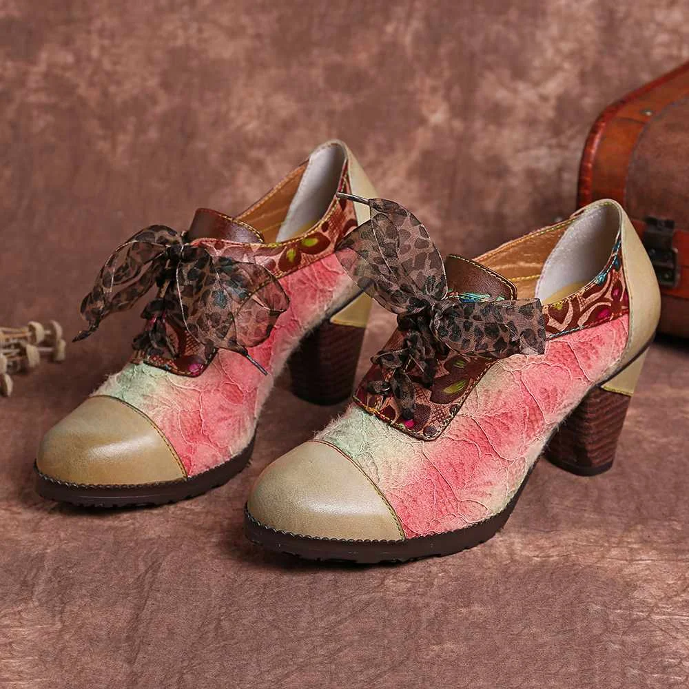 SOCOFY Elegance Genuine Sandals WomenLeather Splicing Lace Retro Pattern Comfortable Lace Up Pumps Elegant Shoes Woman
