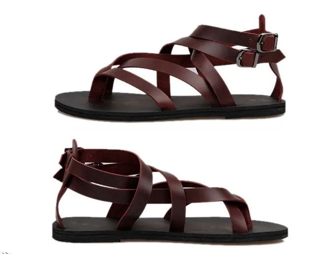 Сандалии мужские кожаные плоская подошва ремешок с пряжкой однотонные модные в