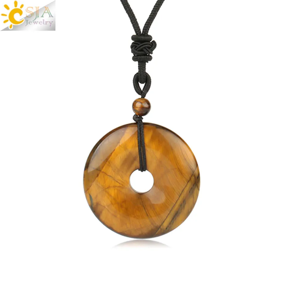 Tiger Eye Csja подвеска-Пончик Из Натурального Камня Ожерелье 40 мм Круглый Круг заживляющий розовый с кварцевым тигровым глазом шарик для женщин мужские ожерелья подарок G138 - Окраска металла: Tiger Eye