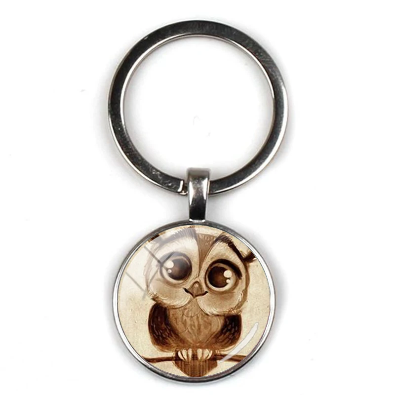 

Popular cartoon cute owl pattern pendant keychain big eye cute bird retro animal picture glass round keyring party gift souvenir