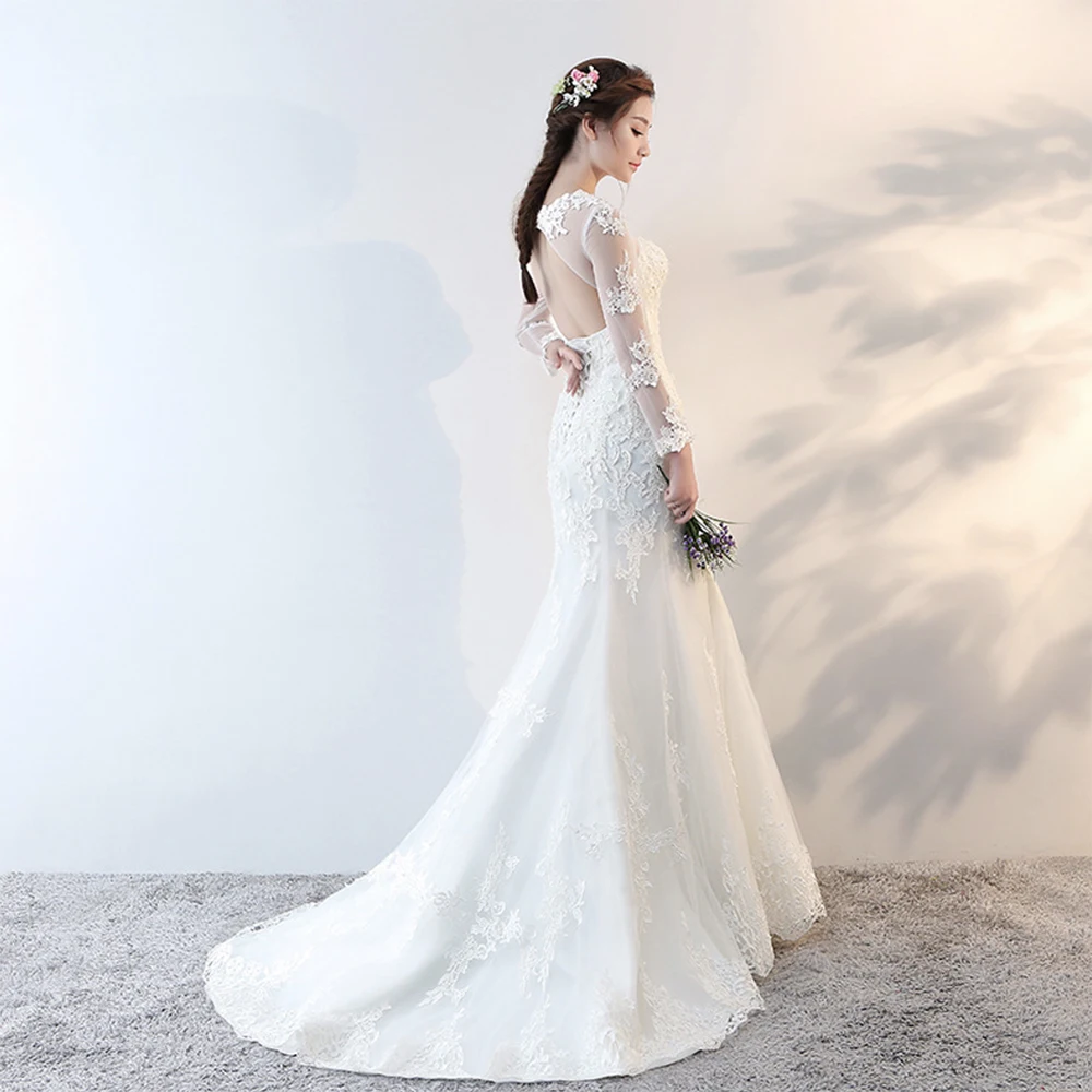 Fansmile новинка Vestido De Noiva белое кружевное с открытой спиной фасона "Русалка" свадебное платье длинный рукав свадебное платье невесты платье FSM-602M