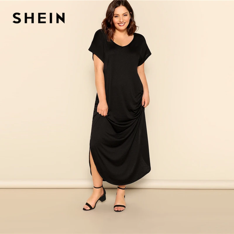SHEIN, платье макси размера плюс, черное, с косым карманом, M-Slit Hem,, женское летнее Повседневное платье с карманами и v-образным вырезом, с коротким рукавом, однотонное, длинное, Dreeses