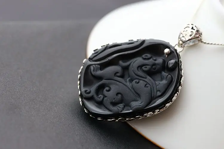 Серебряные модные ювелирные изделия из серебра s925 пробы с подвеска из натурального обсидиана после Кельна резьба тайский серебряный кулон