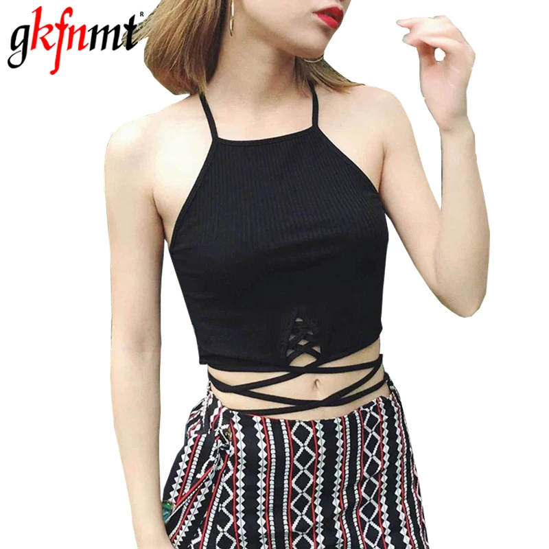 Короткий женский топ на бретельках шнуровке Женская майка 2019 летняя сексуальная