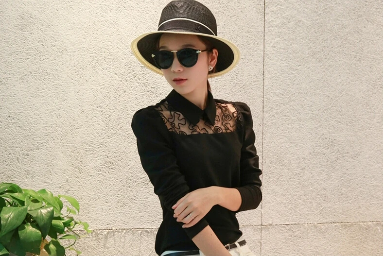 Весна кружева Печатные С Длинным Рукавом Блузка Женщины Turn Down Воротник Рубашки