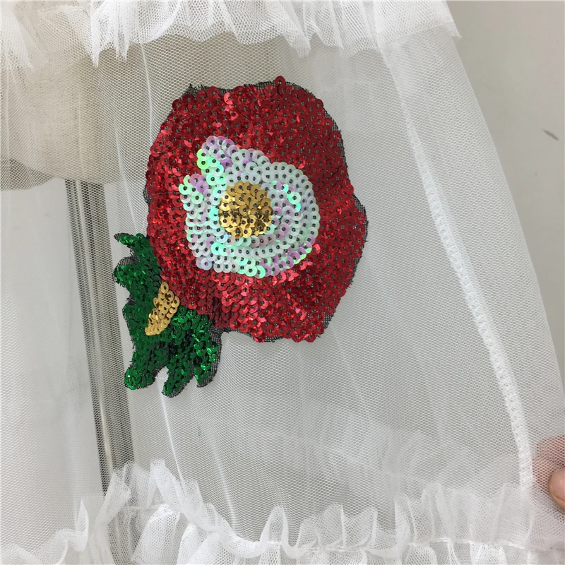 

Dress Women Summer Sweet Cotton Short Sleeve Sequines Flowers Rose Embroidery Appliques Mesh Ruffles Spliced Dresses CC062