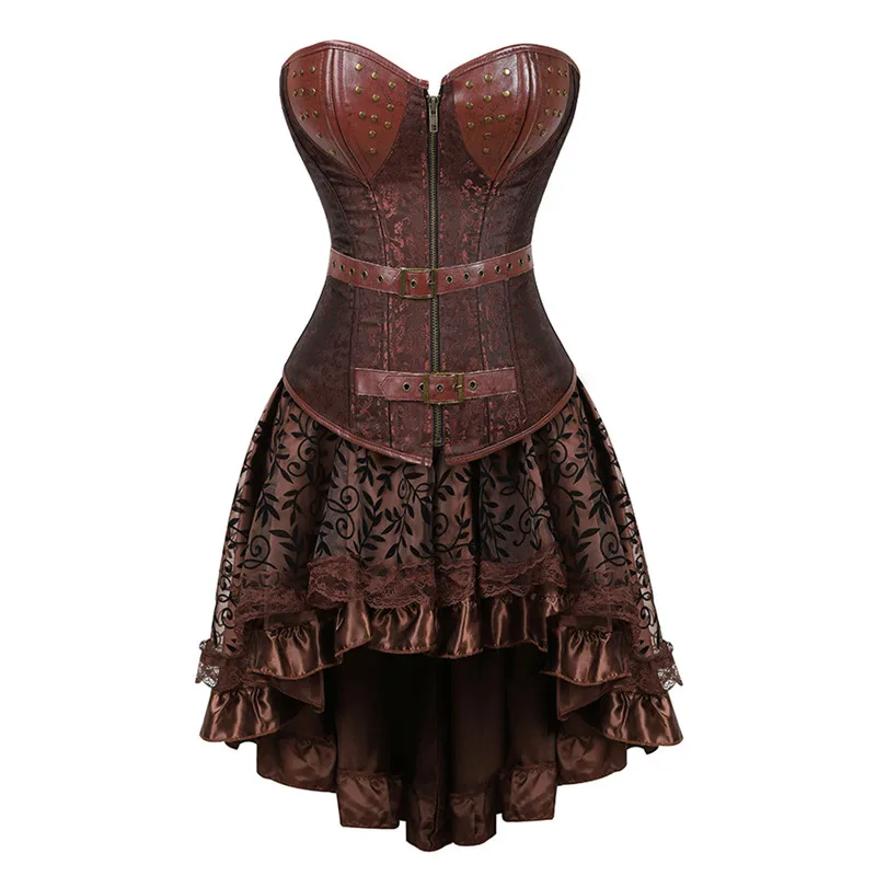 

Steampunk Corset with Skirt Sexy Gothic Women Vintage Retro Corselet Dress Lace Up Bustiers Korset Leather Plus Size Corset Top