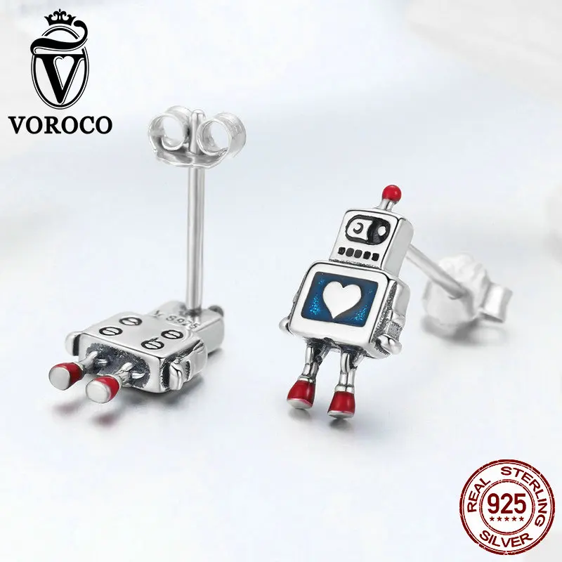 VOROCO, новинка, 925 пробы, серебряные серьги-гвоздики в виде сердца робота, милые детские серьги для девочек, Женские Ювелирные изделия, прекрасный подарок, BKE477