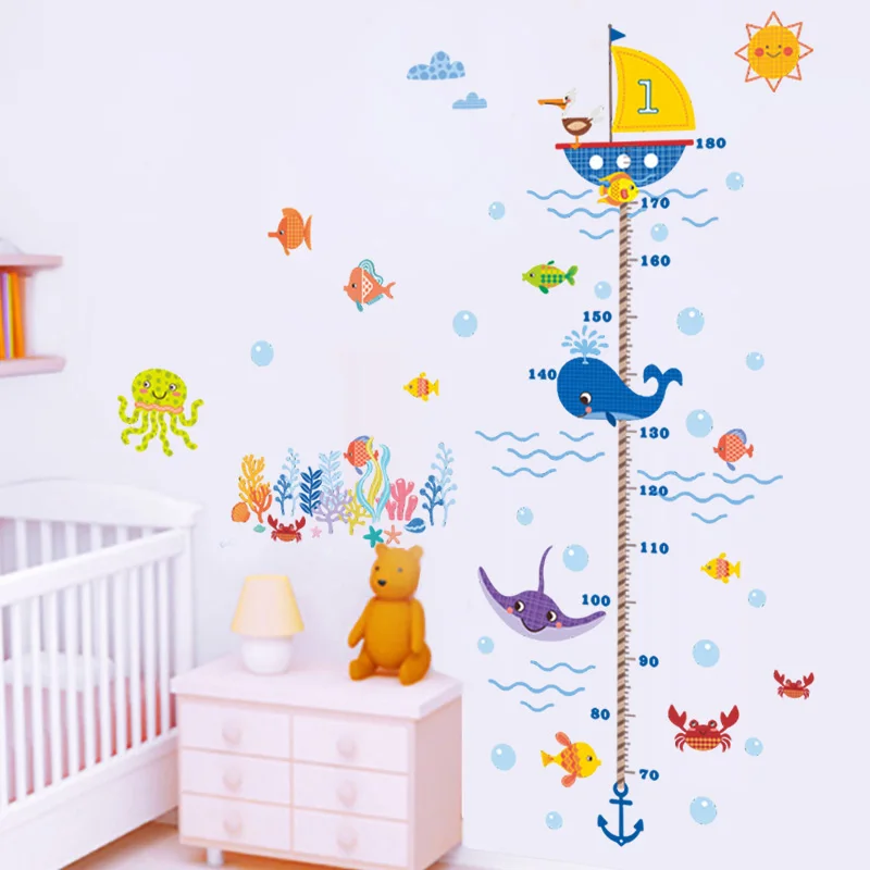 

2 Kinds Height Measure Underwater Sea Fish Anchor Growth Chart Wall Sticker for Kids Room Bathroom Decal Poster Home Decoration