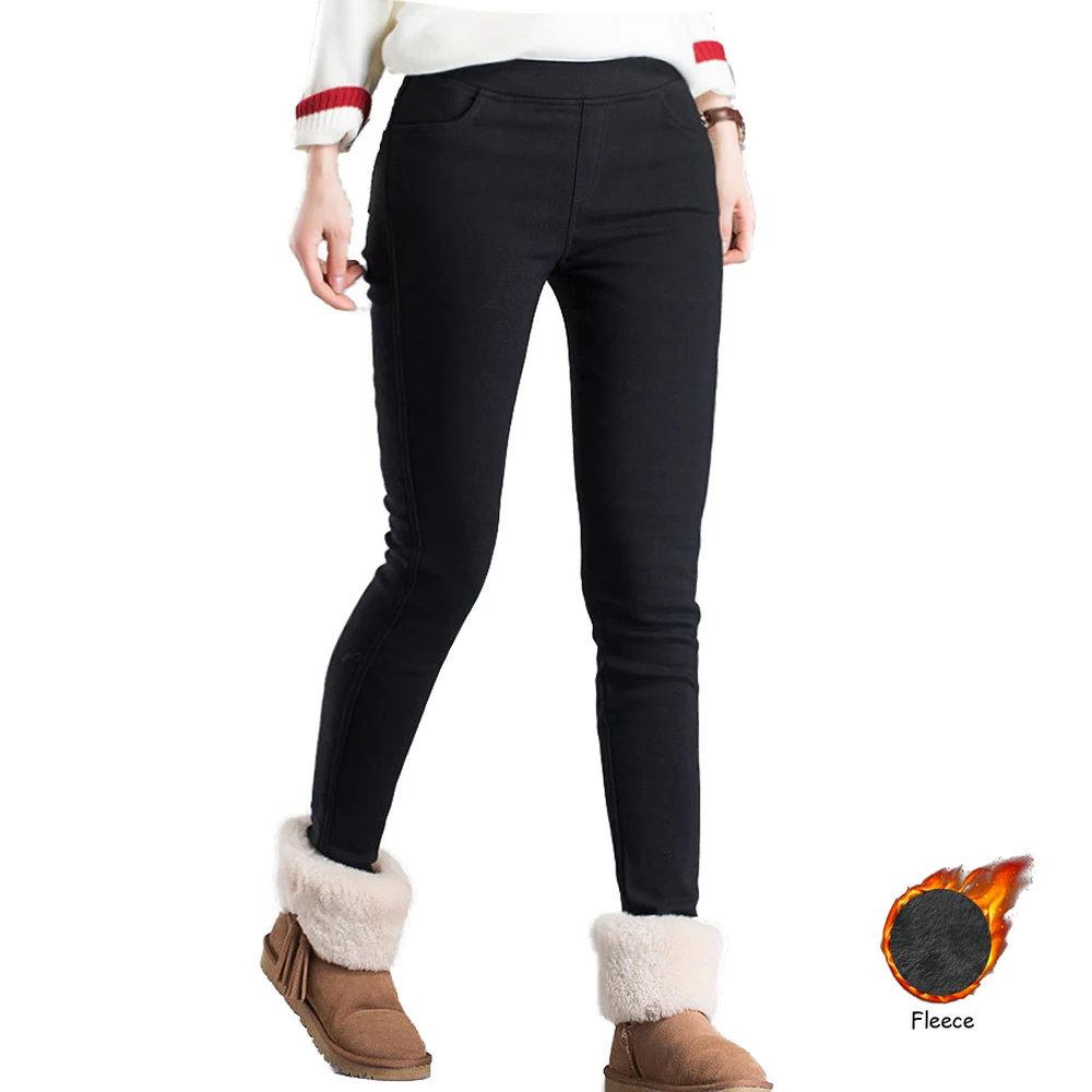 Женские зимние брюки Slim Fit Skinny Брюки с флисовой подкладкой эластичные с высокой талией Джеггинсы Pull On термоджинсы узкие брюки белый черный