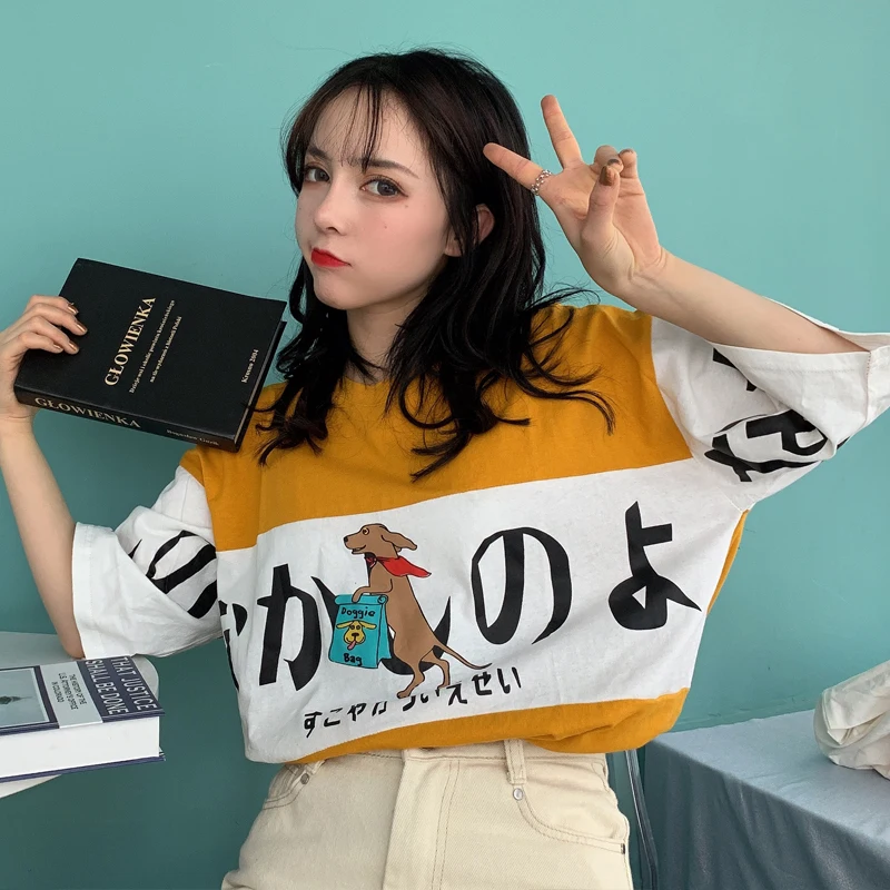 Ulzzang, летние милые японские топы с рисунками из мультфильмов, новинка, Harajuku, женская, три четверти, Корея, большой размер, свободная, повседневная, забавная, хлопковая футболка