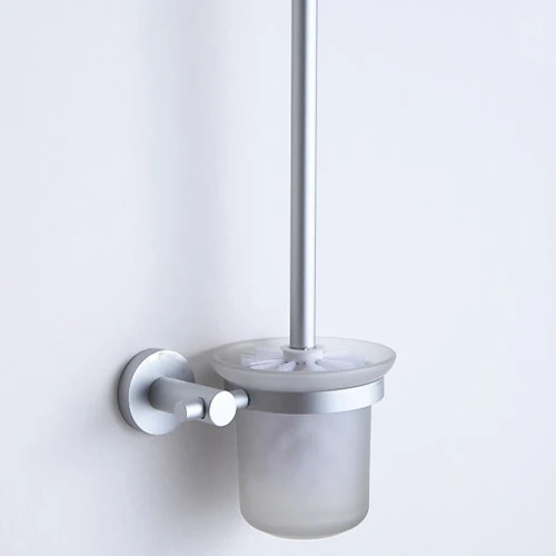 

Space Aluminum Silver Toilet Brush Holder with Shelf Chrome Rack Glass Cup Bathroom Accessories Clean Brush Holder Wall Mounted