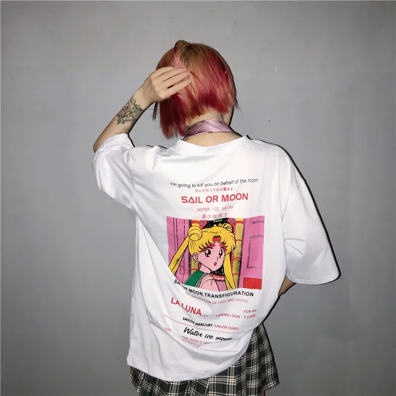 Camisetas Mujer 2020 летние топы корейские Ulzzang Harajuku мультфильм Сейлор Мун короткий рукав