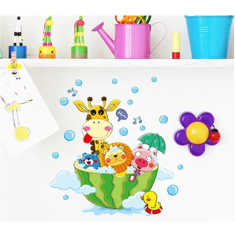 

1PCS Wall Sticker For Kid Room Cute Animals In The Watermelon Colourful Lion Love to Bathe Shower Bathroom Decals Home Decorati