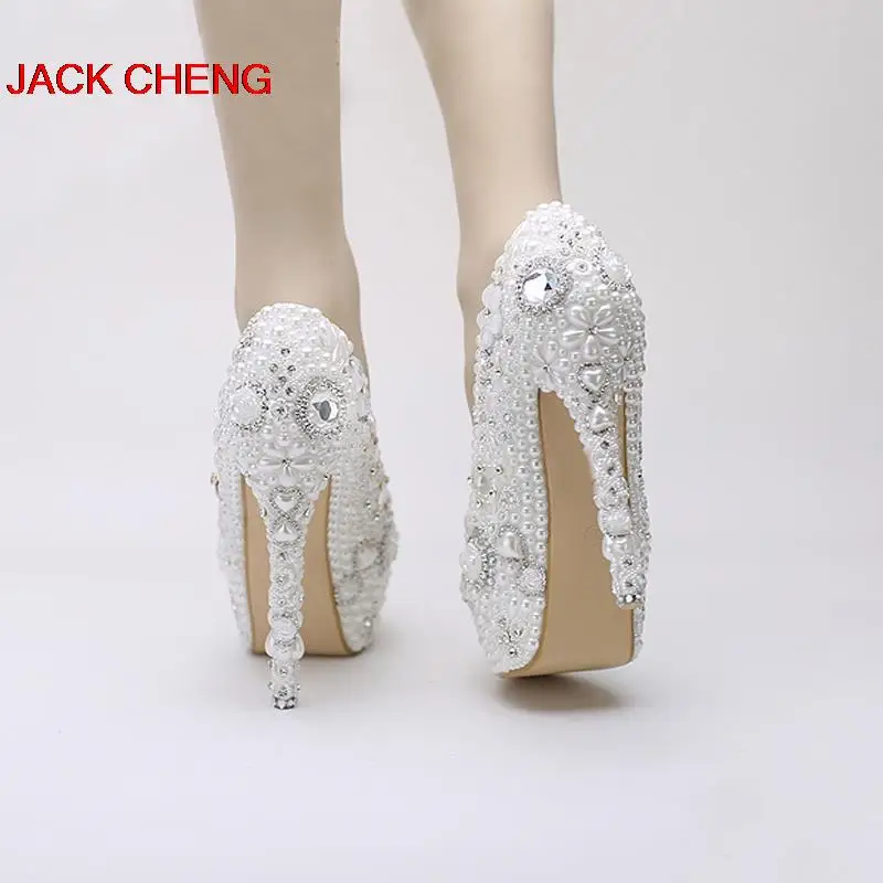 

2018 NewStyle Snow White High Heels Rhinestone Crystal Dress Shoes Pearl Wedding Shoes Platform Pageant Event Pumps Women Shoes
