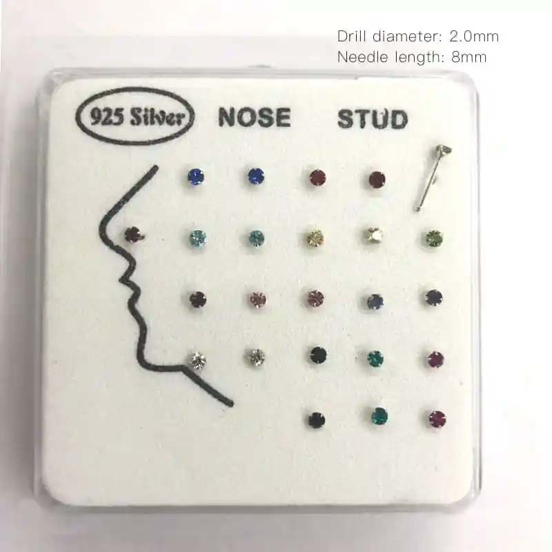 2.0mm Colorful 24 шт./компл. 925 пробы серебро кольцо для носа и шпильки модное ювелирное изделие для тела для Для женщин девочек нос красочные стразы вечерние подарок - Окраска металла: 2.0mm Colorful