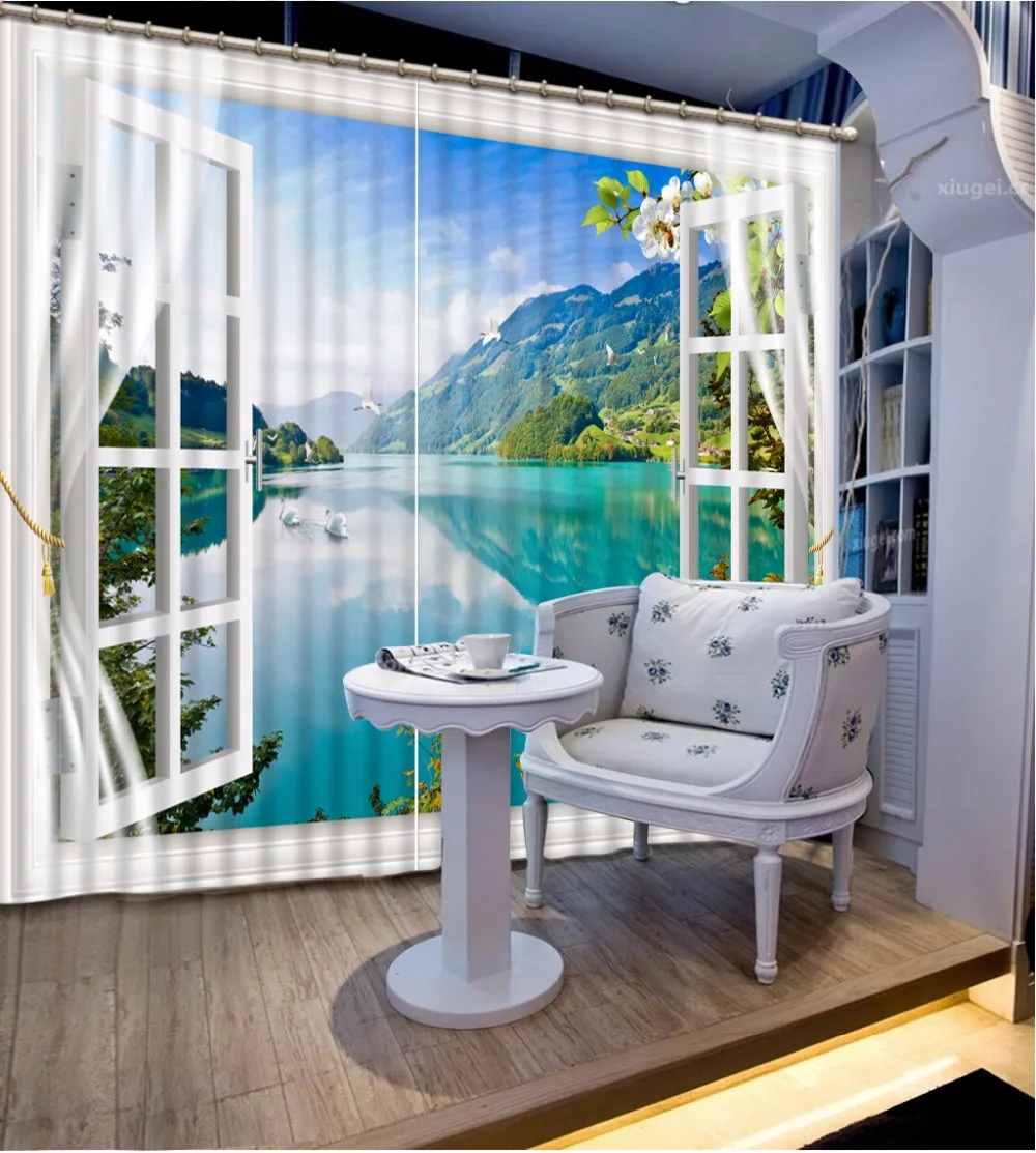 

3D ванная комната занавеска для душа озеро пейзаж снаружи окна занавески для спальни новые пользовательские 3D красивые затемненные тени