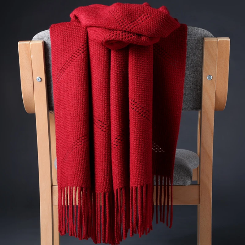 Best Gift Winter Warm Red/Yellow Color Wool Knitting Scarf For Ladies Scarfs Wraps Fashion Pashmina Tassel Female Scarves Wraps