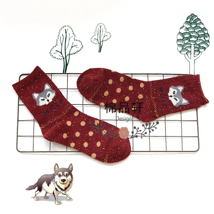 11 dots wine red 1 пара/лот; милые носки в полоску с объемным рисунком лисы и волка; сезон весна-зима; стильные креативные милые женские хлопковые носки с рисунком лисы для девочек; Calcetines Meias - Цвет: 11 dots wine red