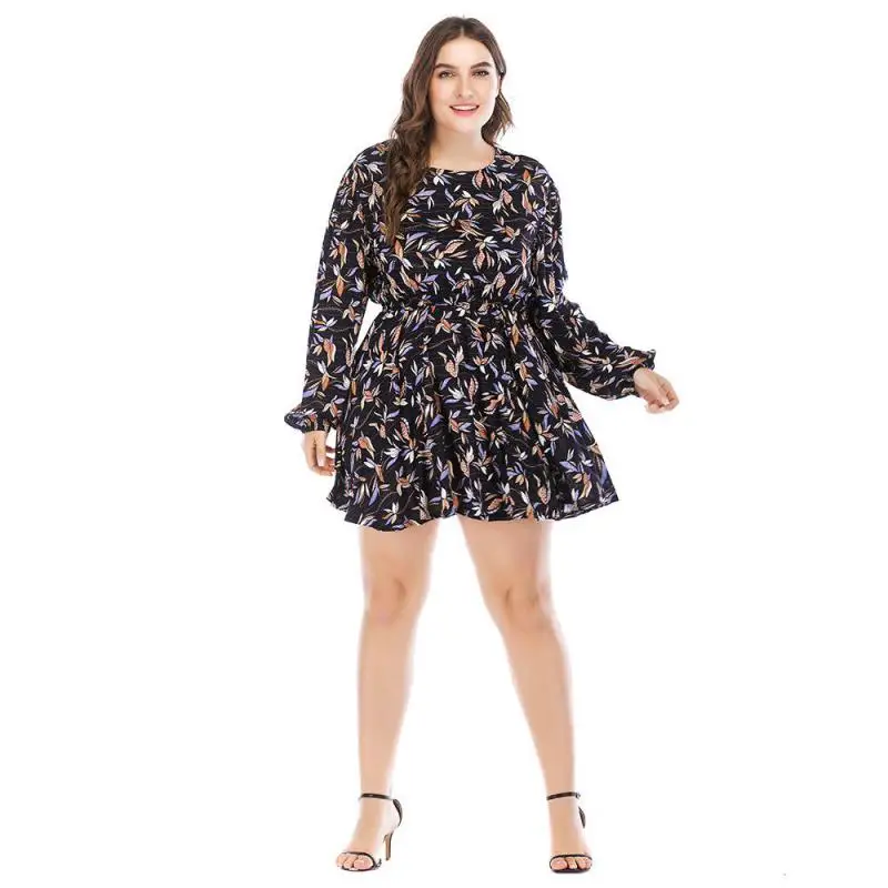 2019 Весна Лето Мода О образным вырезом печати длинный рукав высокая талия Большой