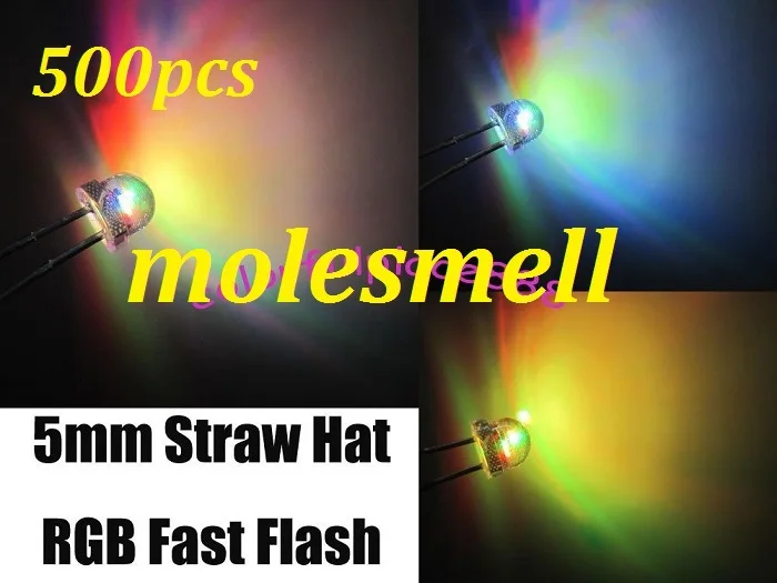 

500pcs 5mm straw hat 2pin RGB 7 color fast flash LED 5mm strawhat big/wide angle rgb led free shipping 5mm light-emitting diode