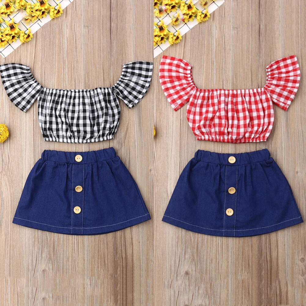Детская джинсовая мини юбка Pudcoco клетчатый укороченный топ с открытыми плечами и
