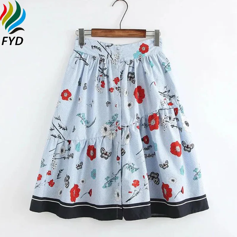 Floral Striped Pleated Midi Skirts New 2017 Summer Fashion Faldas Mujer Elastic Waist Pockets Ladies Knee-Length Skirt Z291 | Женская