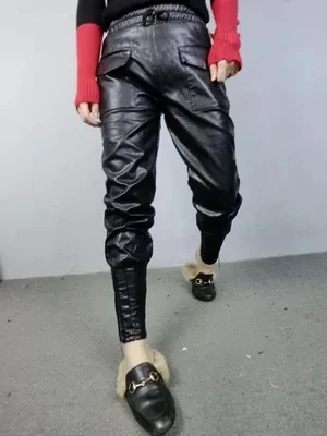 Женские шаровары из ПУ кожи с поясом свободного покроя|feet pants|pu leather pantsfashion harem pants |
