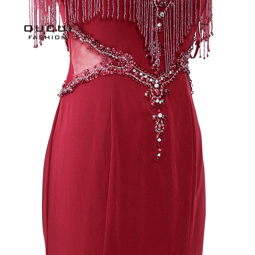 

Real Photo Soft Satin Illusion Evening Dress with Cap Beading Tassels Crystal Mermaid Gown Arabic Robe De Soiree 2019 OL103488