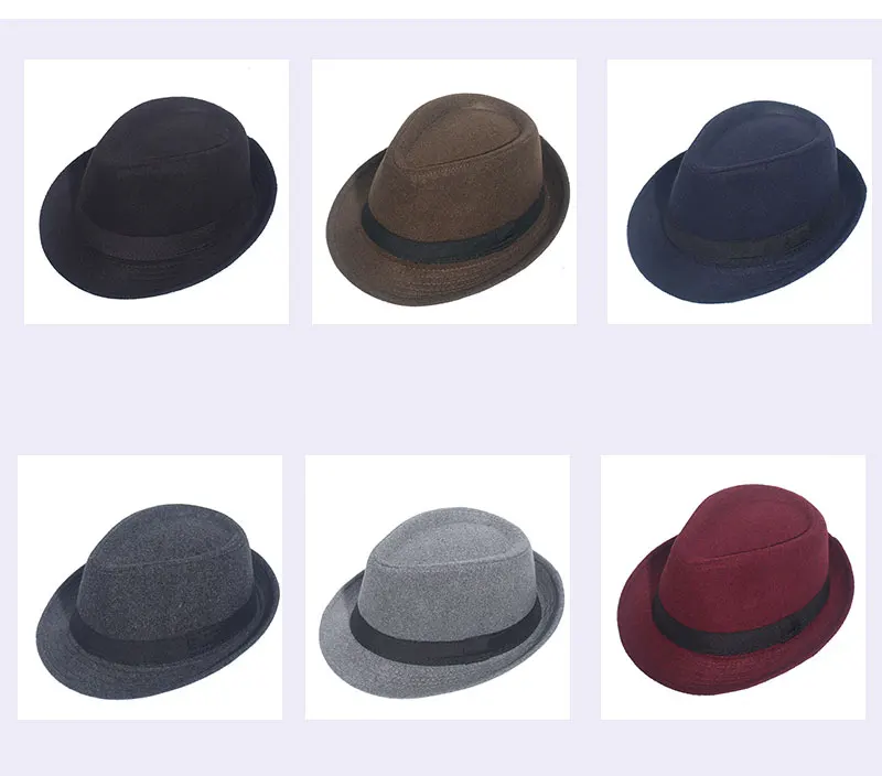 Gray Black Fedora Hat Classical Wide Brim Hat Men Solid Men's Dad Vintage Top Jazz Hat Autumn Winter Bowler Sombrero Felt Cap
