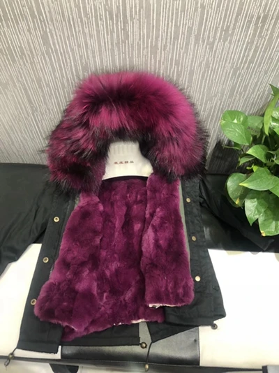 Black Purple Зимнее пальто для девочек куртки с подкладкой из кроличьего меха детская верхняя одежда для малышей Детская куртка-парка с капюшоном из меха енота для мальчиков TZ332 - Цвет: Black Purple